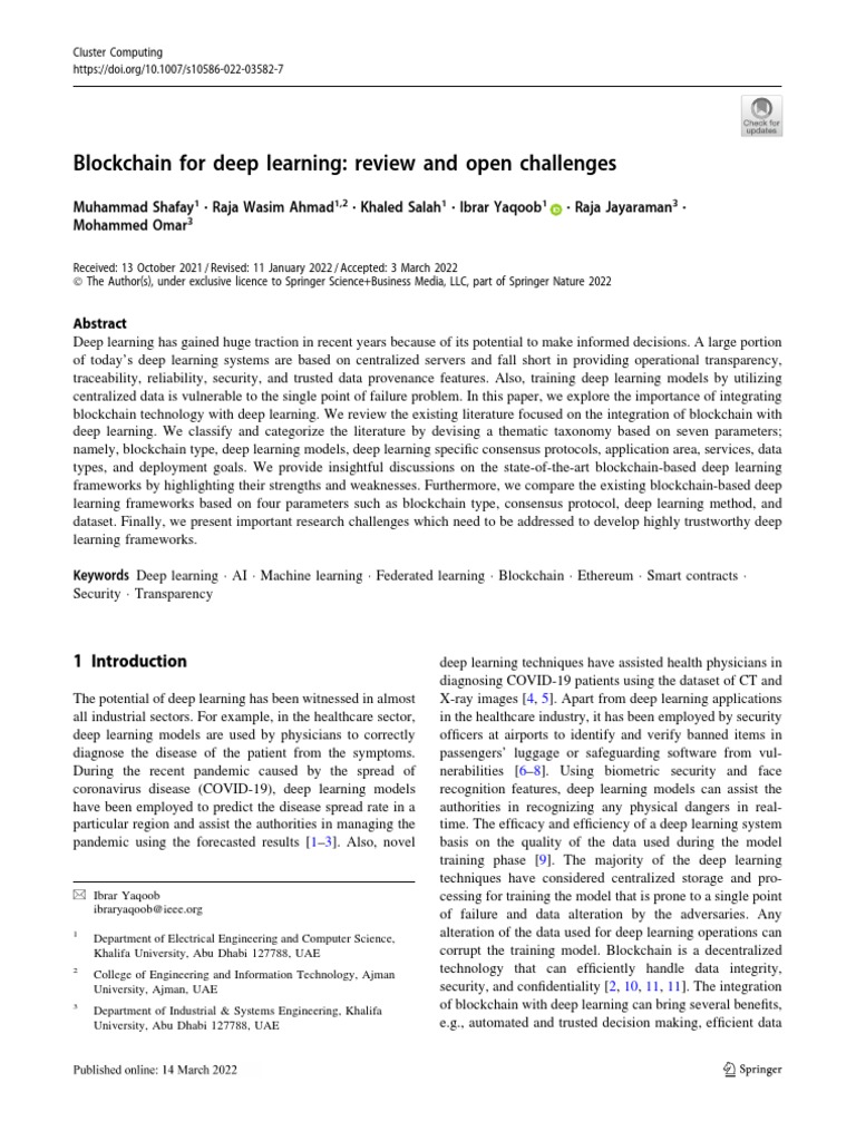 Blockchain For Deep Learning: Review and Open Challenges | PDF | Deep ...