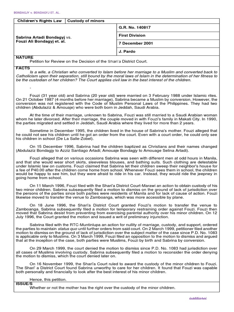 Children's Rights Law: Bondagyj v. Bondagyj Et. Al. Digest (Custody of ...
