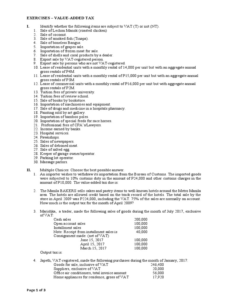 Exercise 4 Value Added Tax Sw 1 Download Free Pdf Business