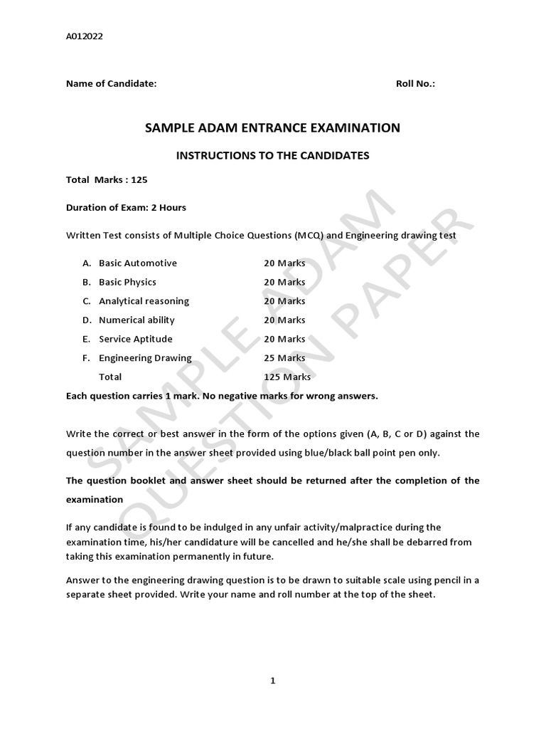 Sample Adam Entrance Exam Paper | PDF | Multiple Choice | Electromagnetism