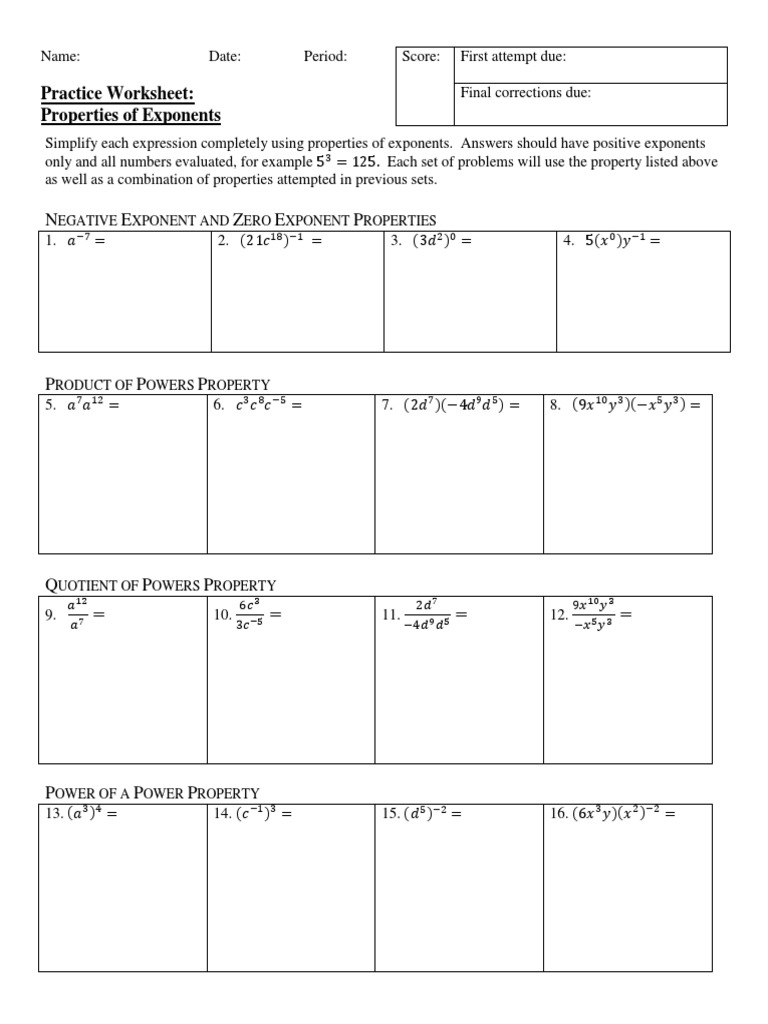 Properties of Exponents Practice Worksheet | PDF