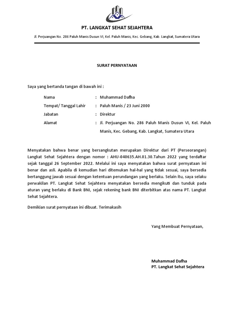 SURAT PERNYATAAN rekening | PDF