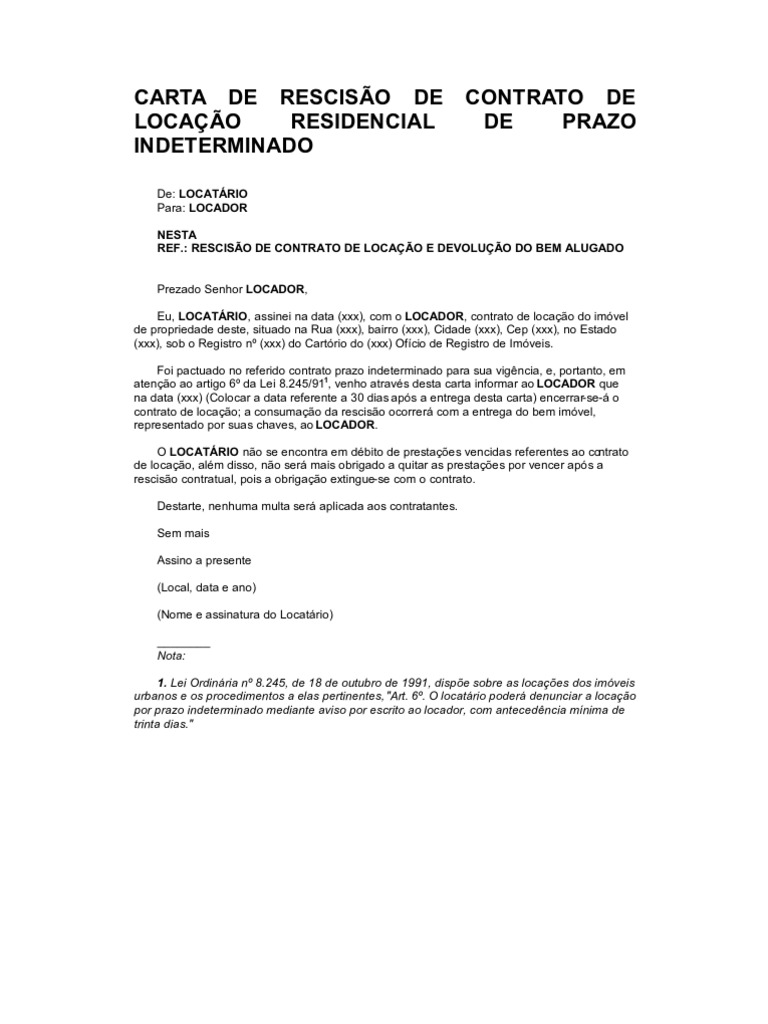 CARTA DE RESCIS O DE CONTRATO DE LOCA O RESIDENCIAL DE PRAZO INDETERMINADO