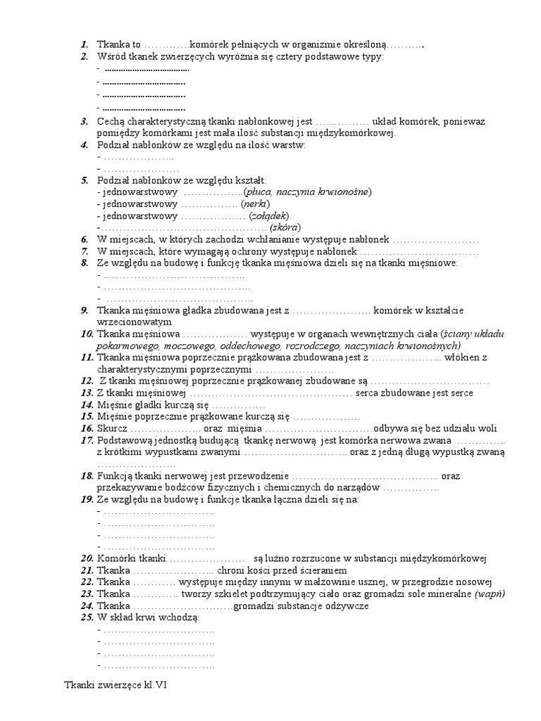 Test Tkanki Roslinne Klasa 5 Tkanki Zwierzece KlVI Test | PDF