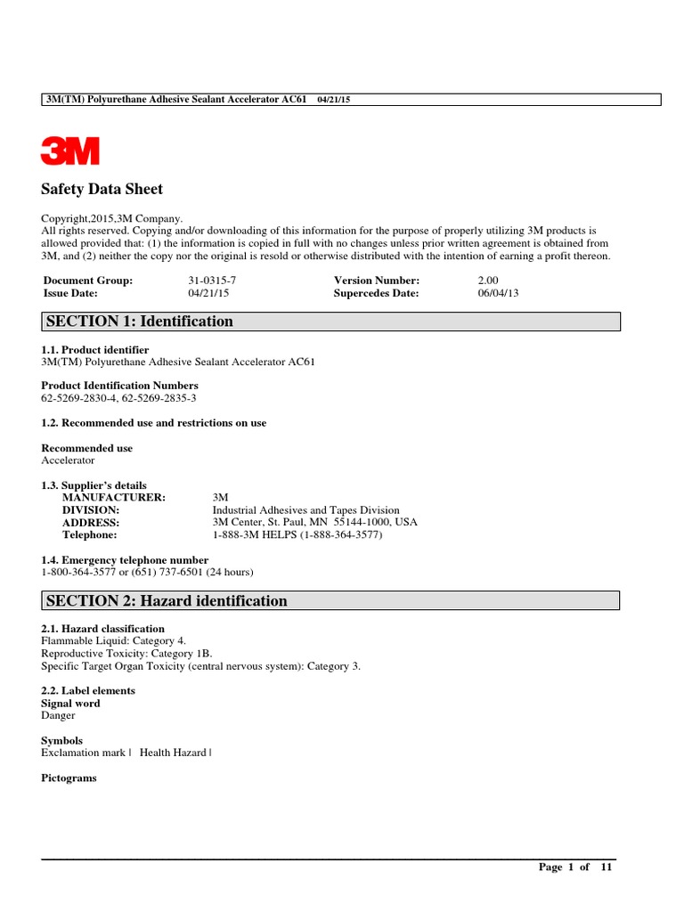 3M (TM) Polyurethane Adhesive Sealant Accelerator AC61 PDF Hazardous Waste Toxicity