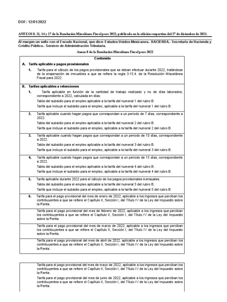 DOF Tablas ISR 2022 Diario Oficial de La Federación PDF Impuesto