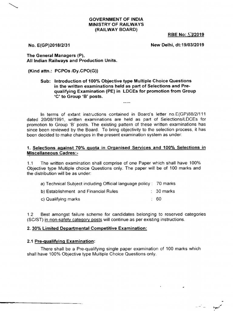 Introduction of 100 Objective Type MCQ For Selection in Promotion From ...