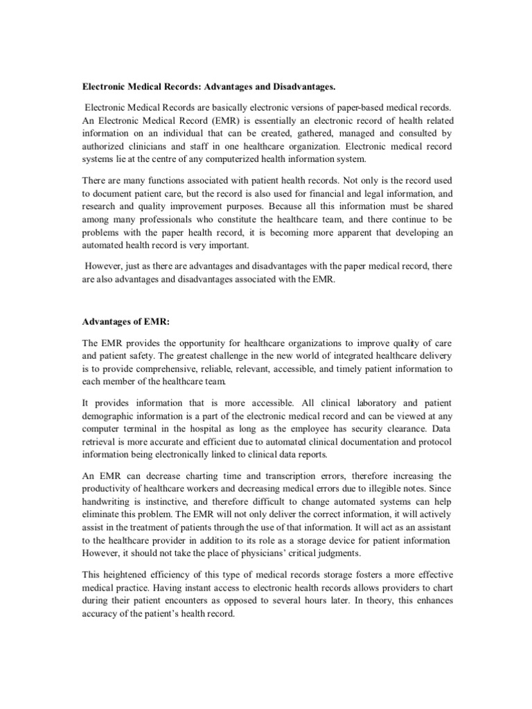 Electronic Medical Records Advantages and Disadvantages PDF
