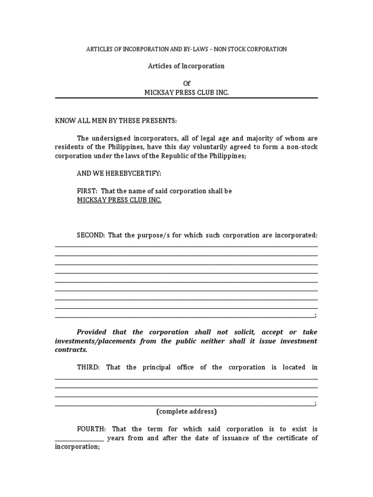 Articles of Incorporation and by Laws Non Stock Corporation PDF