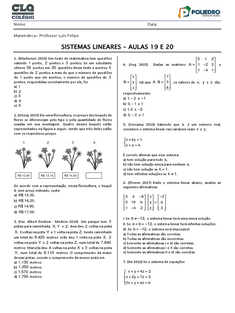 Exercícios sobre Sistemas Lineares | PDF | Métodos e Materiais de Ensino