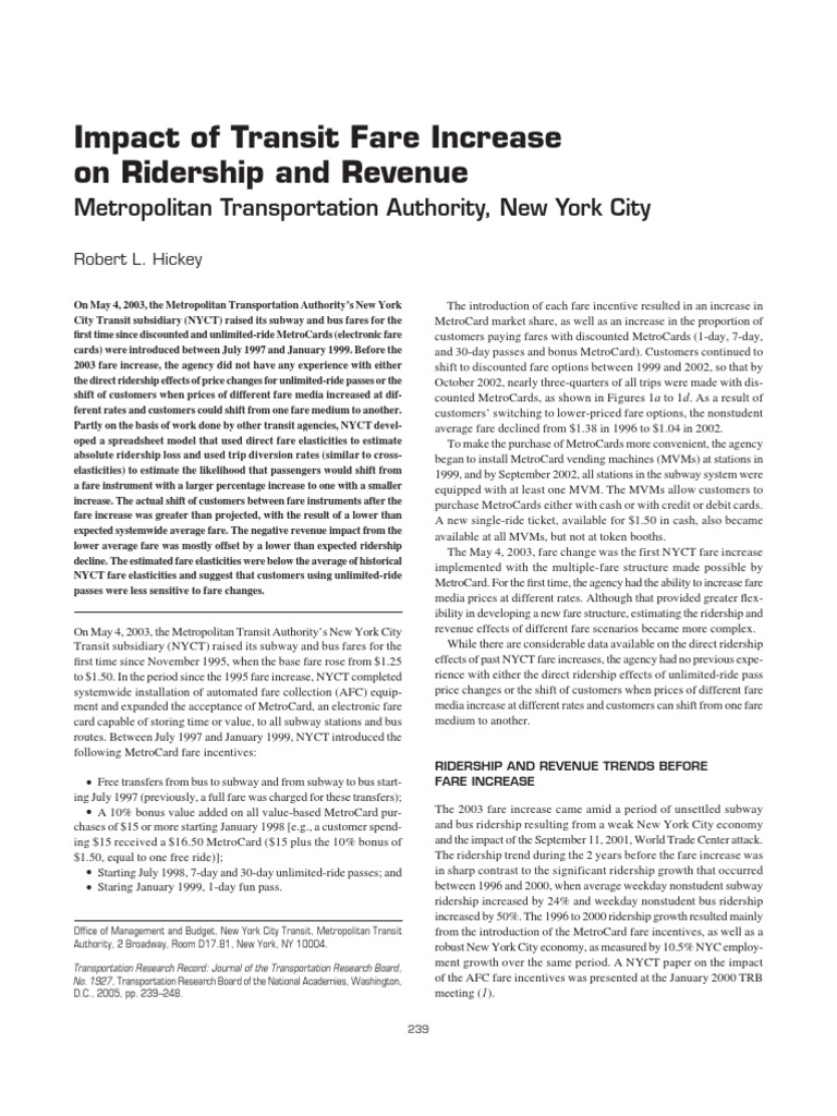Impact of Transit Fare Increase On Ridership and Revenue | PDF | Public ...