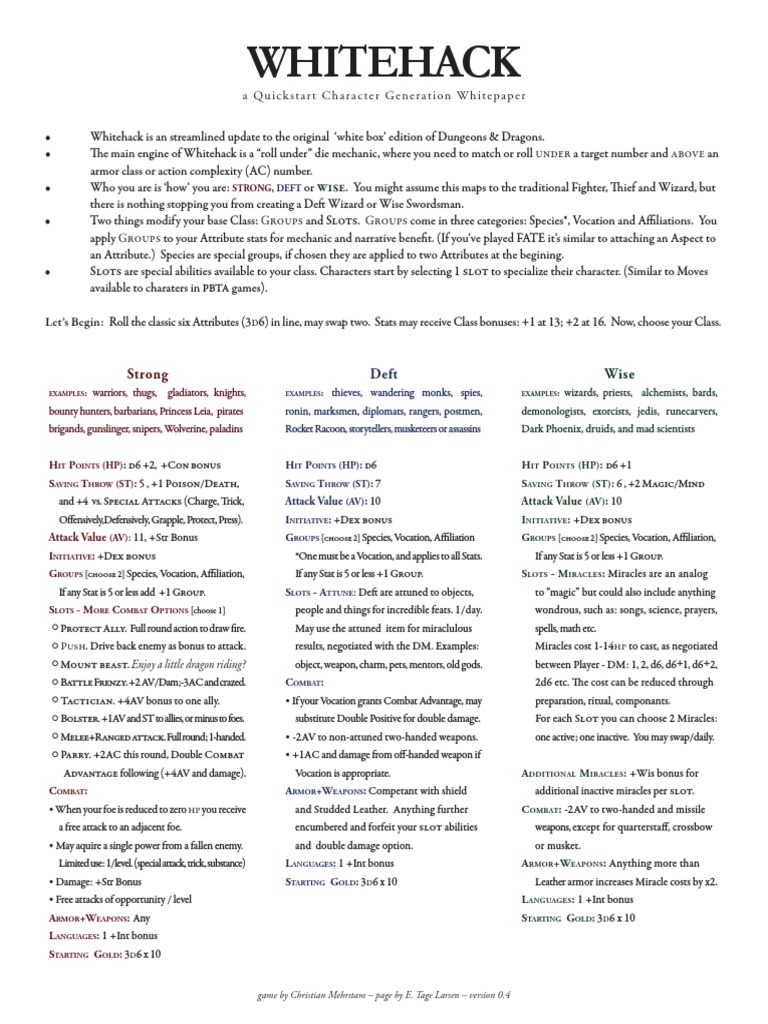 Whitehack Character Generation Guide | PDF | Role Playing Games