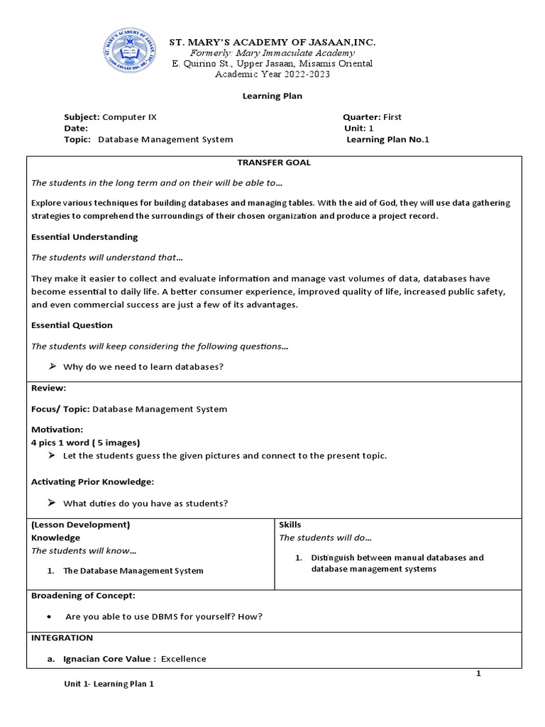 Learning Plan 1 Com9 | PDF | Databases | Learning