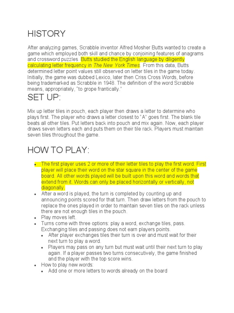 History and Rules of Scrabble Game | PDF | Linguistics