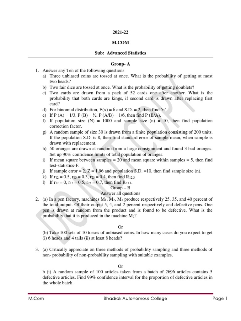 Advanced Statistics Exam Questions | PDF | Standard Error | Sampling ...