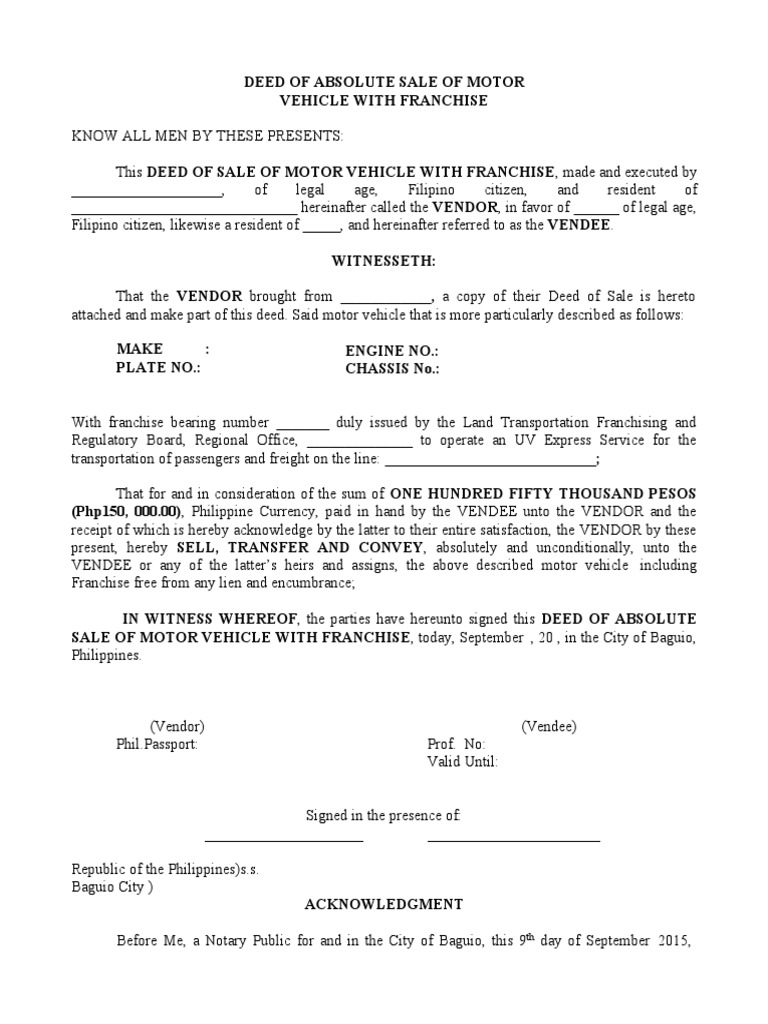 Deed of sale motorcycle franchise pdf