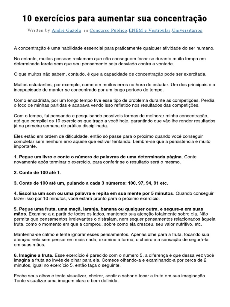 10 Exercícios para Aumentar Sua Concentração | PDF | Pensamento | Tempo