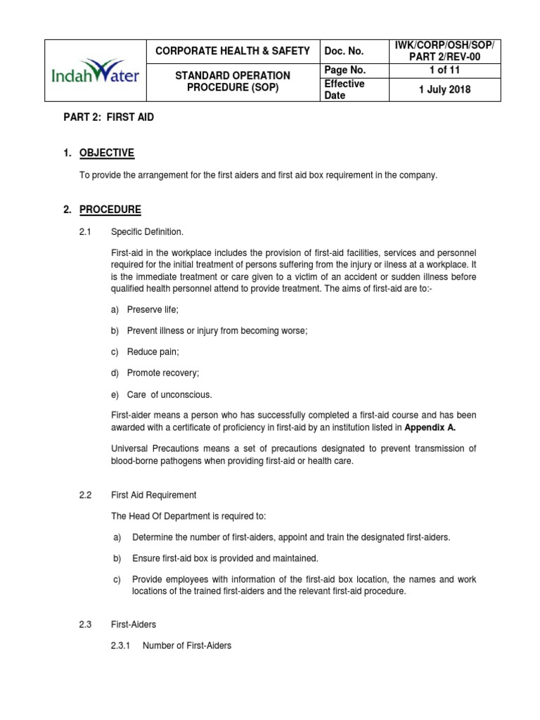 First Aid SOP for Workplace Safety | PDF | First Aid | Occupational ...