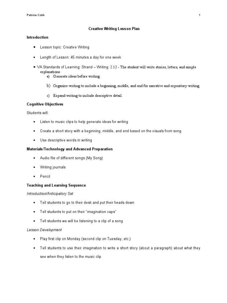 creative writing lesson plan for high school