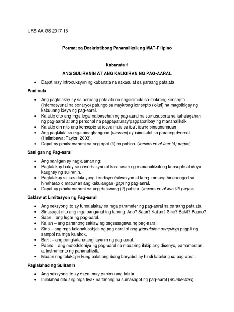 Pormat NG Kabanata 1 Sa Pagsulat NG Pananaliksik MAT Filipino PDF