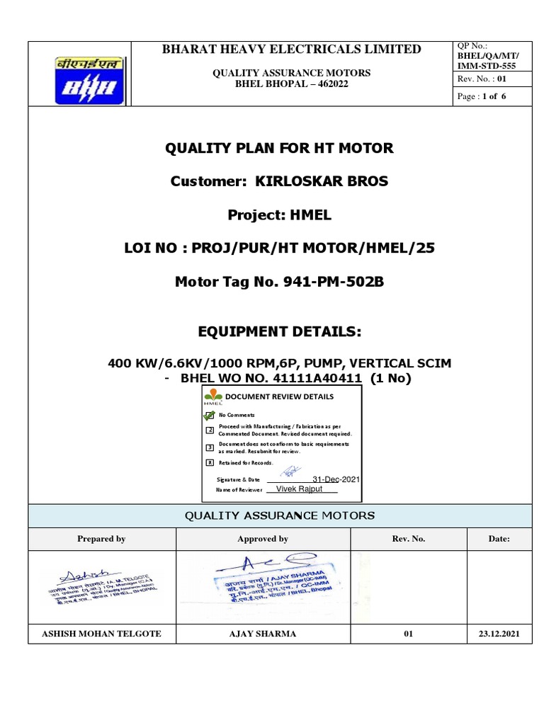BHEL Quality Plan for HT Motor | PDF