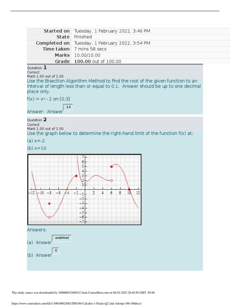 Calculus 1 Final Exam Solutions | PDF | Function (Mathematics ...