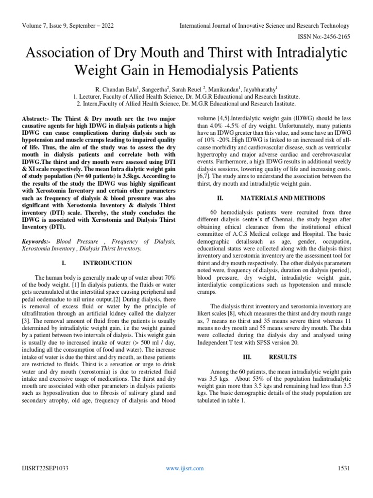 Association of Dry Mouth and Thirst With Intradialytic Weight Gain in