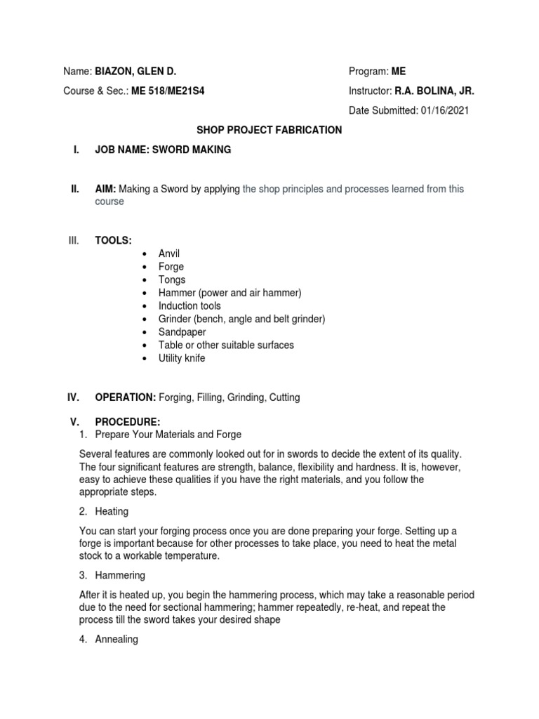 The Forged Sword: A Student's Documentation of the Process and ...