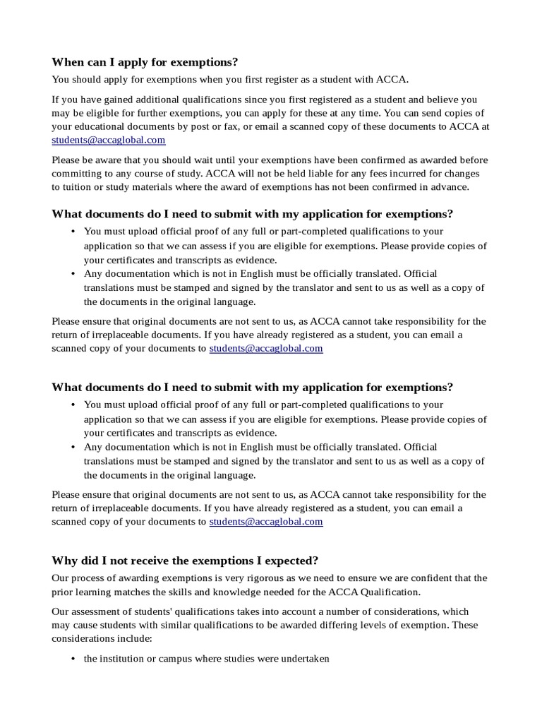 ACCA Exemptions PDF