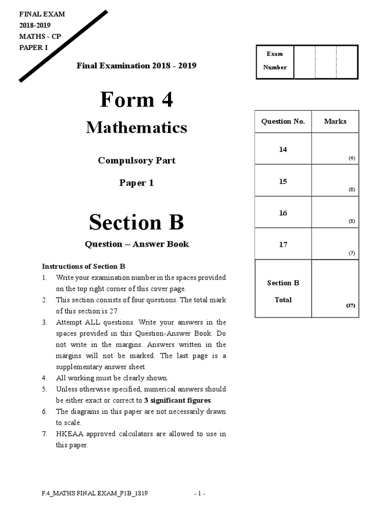 F4 Final P1B 1819 | PDF | Test (Assessment) | Mathematics