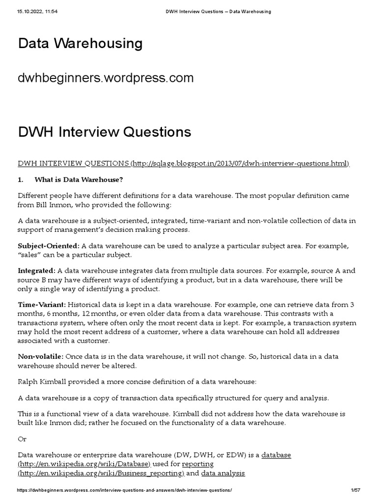 DWH Interview Questions Data Warehousing Download Free PDF Data