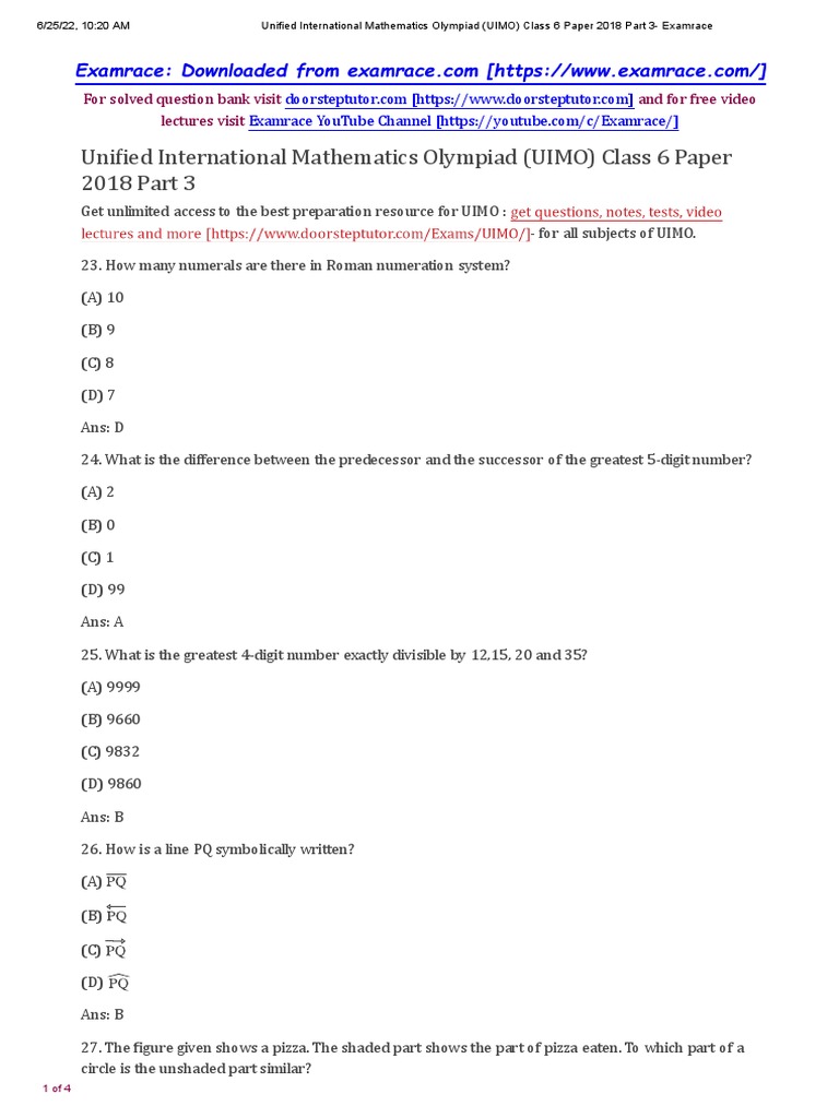 UIMO Class 6 Paper 2018 Part 3 | PDF | Elementary Geometry | Elementary ...