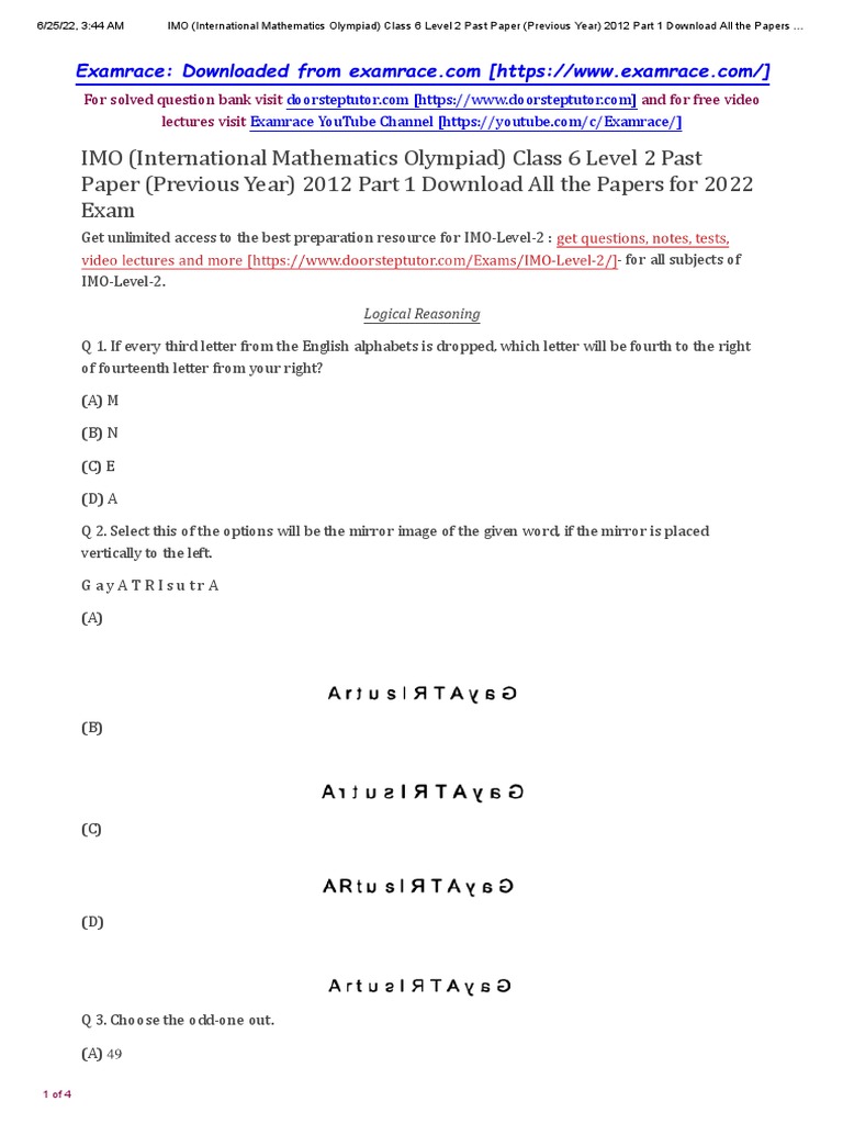 IMO Level 2 Class 6 Paper 2012 Part 1 PDF Numbers Mathematics