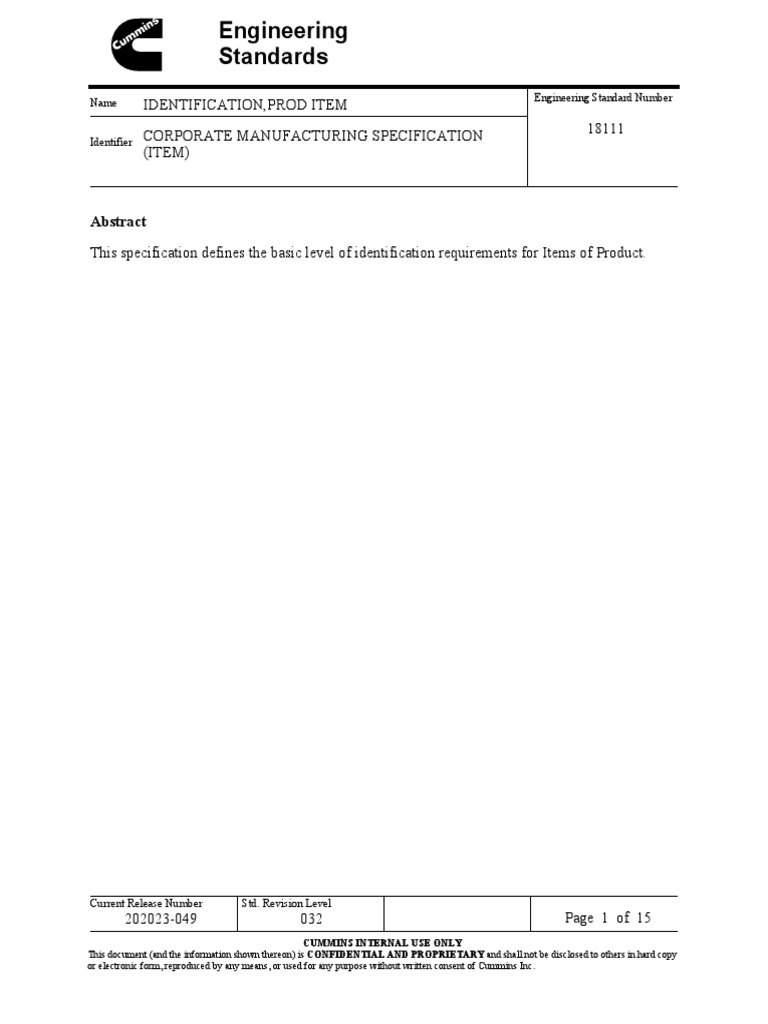 Identification, Prod Item Corporate Manufacturing Specification (ITEM ...