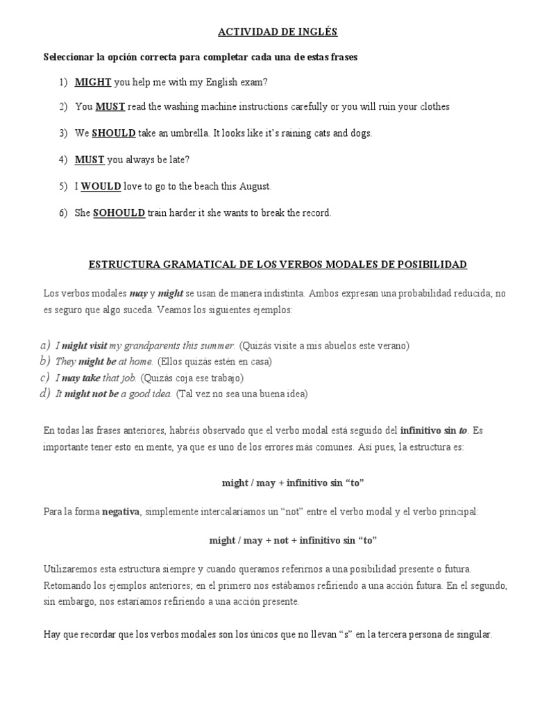 Estructura Gramatical de Los Verbos Modales de Posibilidad | PDF ...
