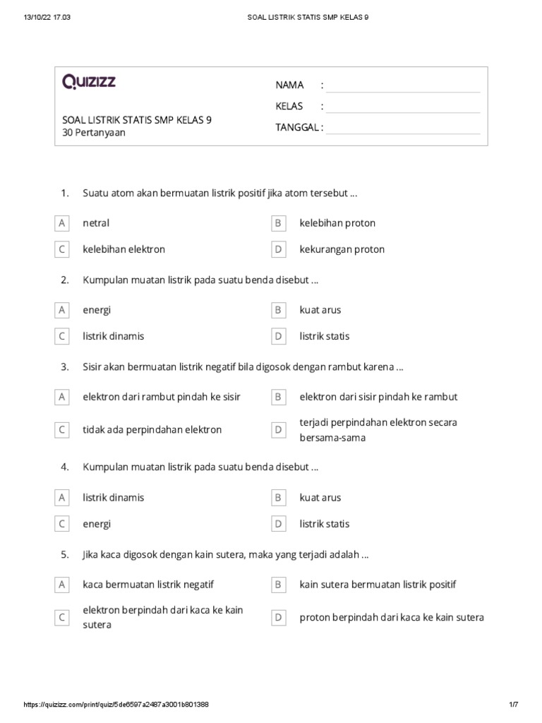 Soal Listrik Statis Kelas 9 SMP | PDF | Metode & Bahan Ajar | Sains ...