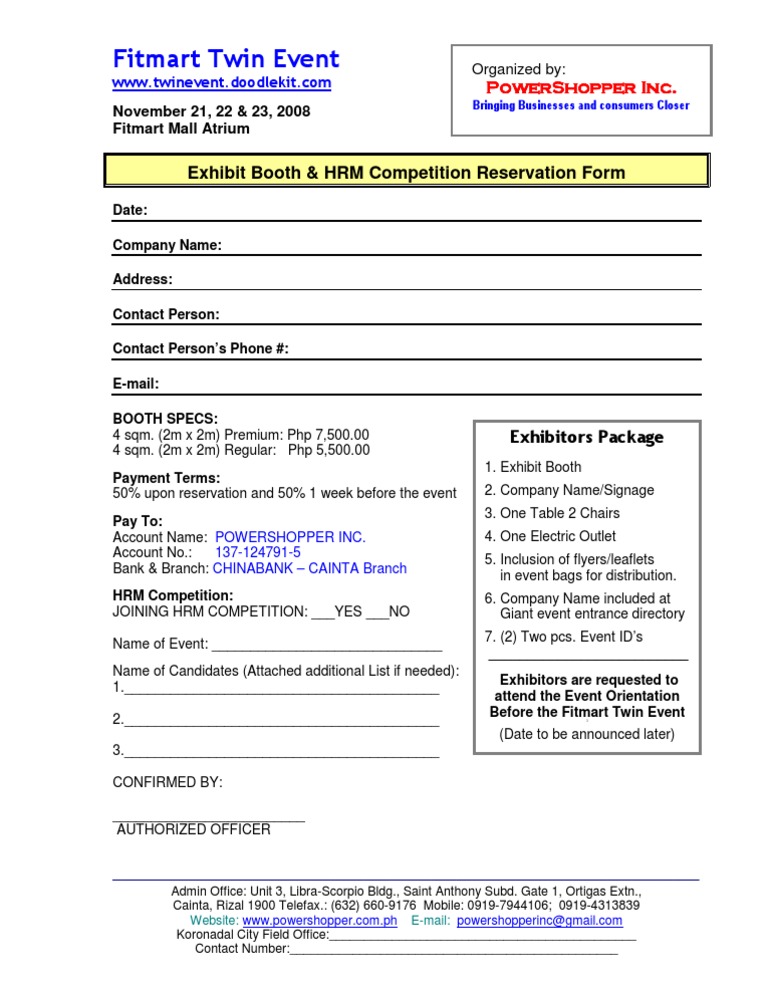 Fitmart Twin Event Booth Reservation Form | PDF | Service Industries ...