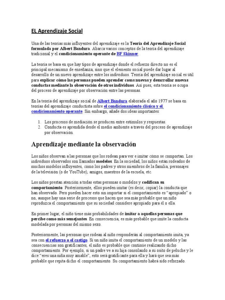 Teoría del Aprendizaje Social de Bandura | PDF | Aprendizaje ...
