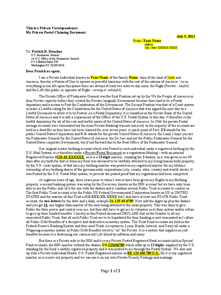Letter To Postmaster General Rev1 PDF Trust Law Mail