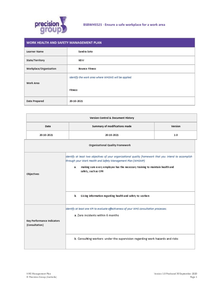 WHS521 Task 2 WHS Management Plan | PDF | Occupational Safety And ...