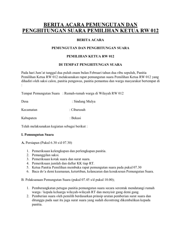 Berita Acara Pemungutan Dan Penghitungan Suara Pemilihan Ketua Rw Pdf