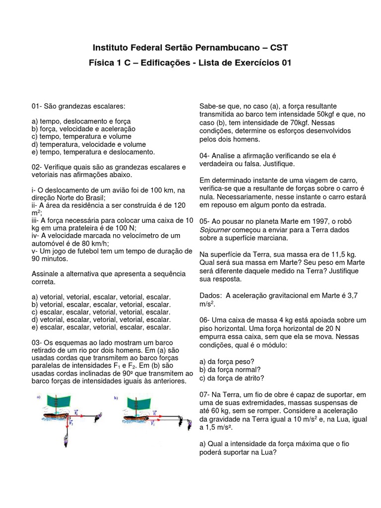 Lista 01 Física 1 C 2 Sem. | PDF | Força | Massa