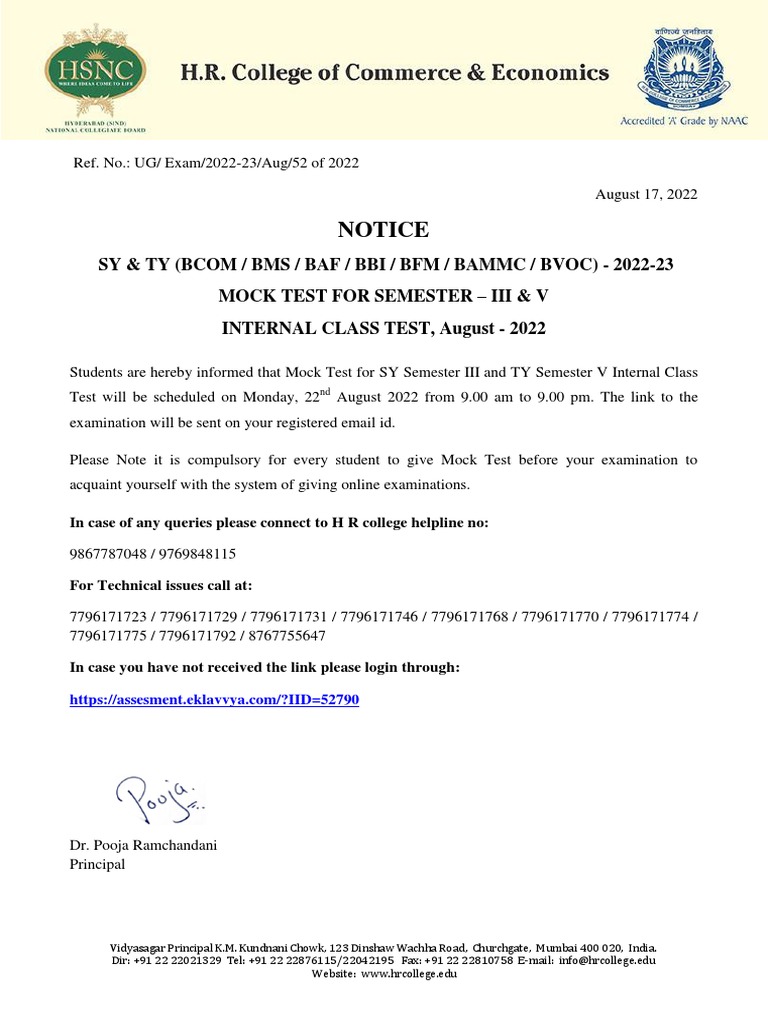 Mock Test Notice - SY Sem III and TY Sem V Internal Class Test | PDF