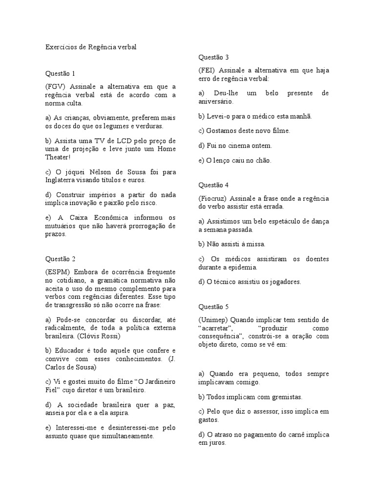 Exercícios de Regência Verbal | PDF
