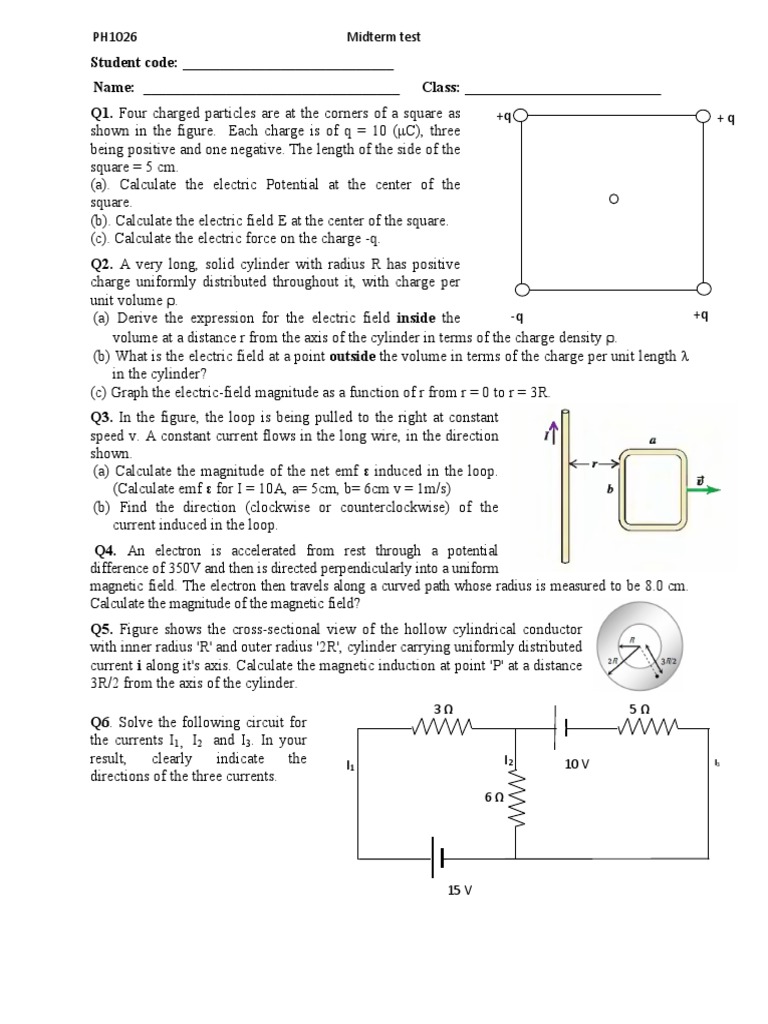 Physics Midterm Exam Questions | PDF | Electric Field | Electric Current