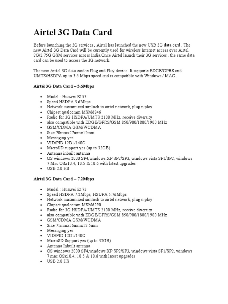 An Overview of 3G Data Card Offerings and Plans from Major Mobile