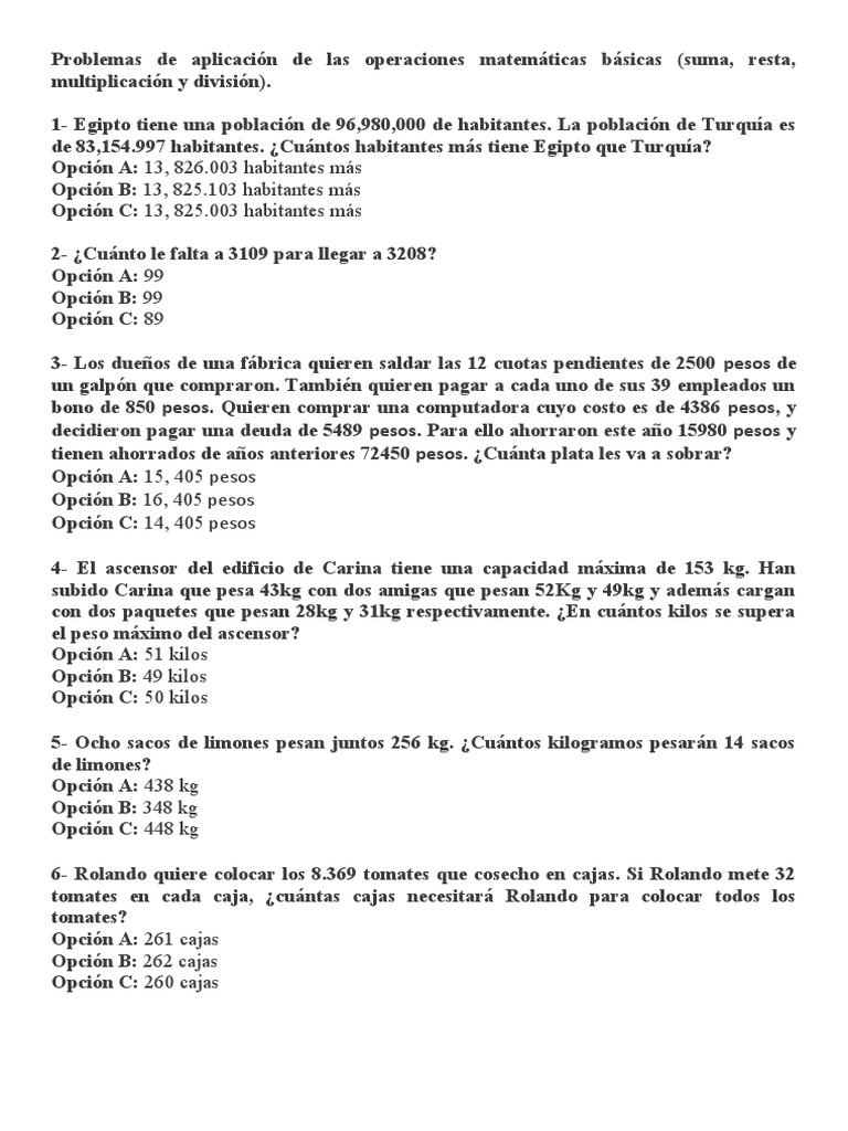 Problemas de operaciones básicas matemáticas | PDF