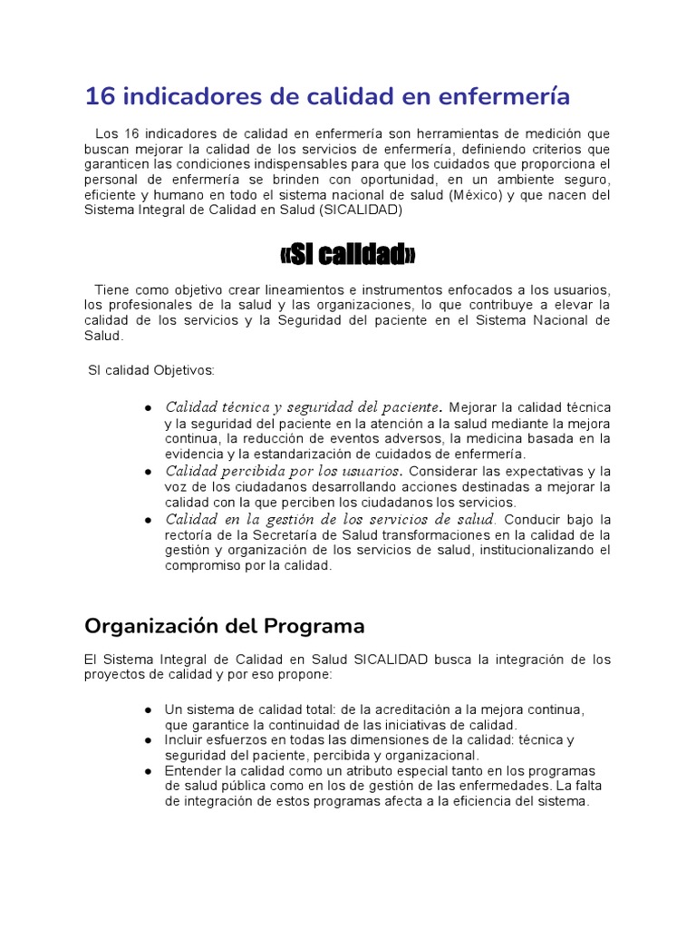 16 Indicadores de Calidad en Enfermería | PDF | Seguridad del paciente ...