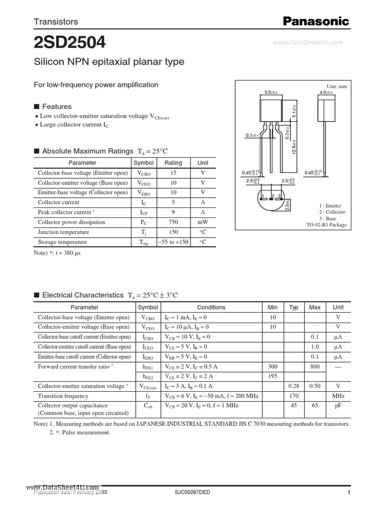 2SD2504 Transistor Specifications | PDF | Bipolar Junction Transistor ...