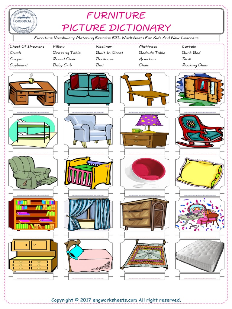 Furniture Vocabulary Exercise PDF Bed Chair